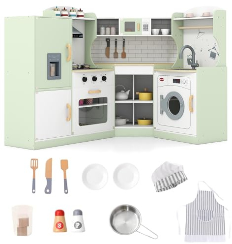 CHEFJOY Play Kitchen, Corner Toy Kitchen w/Chef Suit Set, Toddler Kitchen Set w/Ice Make, Washing Machine, Microwave, Sink, Range Hood, Kids Kitchen Playset for Toddler, Gift for Boys Girls (Green)