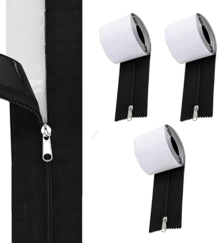 2 Pack Heavy Duty Self Adhesive Zips 213 cm x 7.6 cm Instant Door Dust Protection Self-Adhesive Tarp Double Black Zip Fastener Set for Dust Protection Walls, Tents and Construction Zones Wit