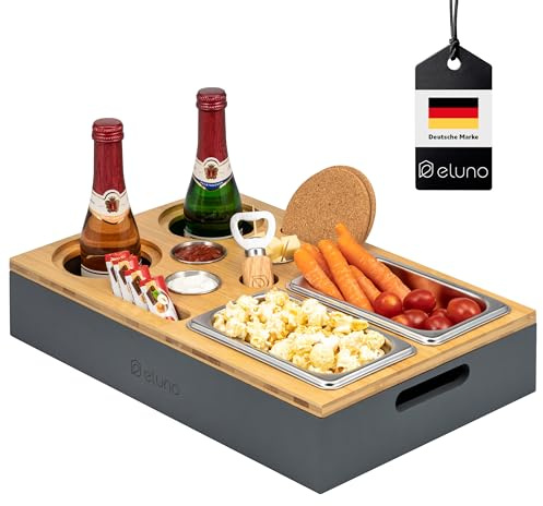 eluno Couchbar mit abnehmbarem, magnetischem Deckel, Serviertablett, inklusive 2 Snackschalen, 3 Dipschälchen, 2 Getränkehalter mit Korkuntersetzer,1 Flaschenöffner aus Bambus (Bambus-Grau)