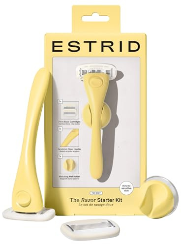 Estrid Rasierer Starterset, Damenrasierer Set mit 5-Klingen System, Veganer Feuchtigkeitsstreifen, 2 Ersatzkleingen, Wandhalterung (Butter)