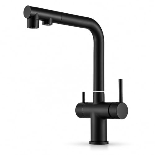 Ari 3-Wege-Küchenarmatur mit Ausziehbarer Brause Wasserfilter-Anschluss 360° Drehbar Spültischarmatur Mischbatterie für Spülbecken Schwarz Matt Venom Pull-Out