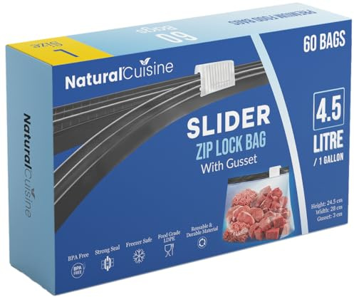 Slider Zip Lock Food Storage Freezer Bags, 60 Pack, Large 4.5L, BPA-Free | Reusable LDPE bags with expandable gusset, strong slider seal and write-on panel for leftovers, batch cooking and freezing.