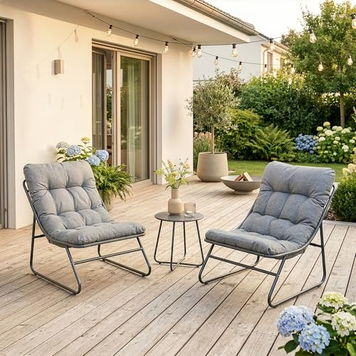 casa.pro Gartenmöbel Set Malmö Balkonmöbel 3-teilig Garnitur Outdoor Lounge Tisch mit 2 x Sessel wetterfest Couchtisch Gartenstühle Metall Dunkelgrau