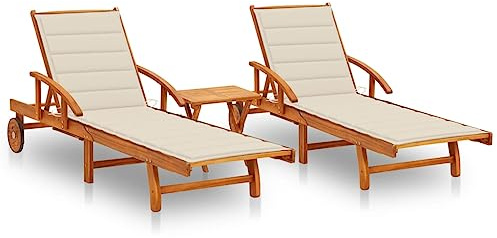 Pindolar Sonnenliegen Set 2 Stück mit Tisch und Auflagen aus massivem Akazienholz, verstellbar und klappbar mit Rollen, wetterfest für Garten, Terrasse, Balkon und Pool