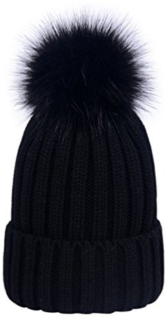 LAUSONS Damen Strickmütze Warme Wintermütze Beanie mit abnehmbares Bommel aus Kunstpelz Schwarz