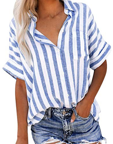 Chemise RayéE Femme Imprimé Chic Grand Taille Sexy Mode Tee Shirt Rayé Pas Cher Manche Court Tops Ete Blouse avec Poche