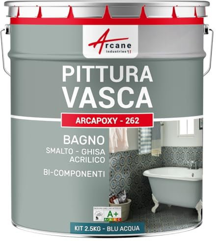 Peinture BAIGNOIRE LAVABO : Résine Salle de Bain pour Baignoire émail, acrylique et fonte 2.5 kg (jusqu'à 8 m² en 2 couches) - Bleu D'eau - RAL 5021 - ARCANE INDUSTRIES