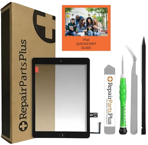 Repair Parts Plus Ersatz-Touch-Digitizer für iPad 5. Generation, Premium-Set (A1822 | A1823, 2017 iPad 5) + Home-Taste, Werkzeug, Klebstoff, Schriftanleitung – Schwarz
