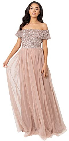Maya Deluxe Damen Maya Deluxe Taupe Blush Bardot Embellished Maxi Bridesmaid Dress, Taupe Blush, 42 EU