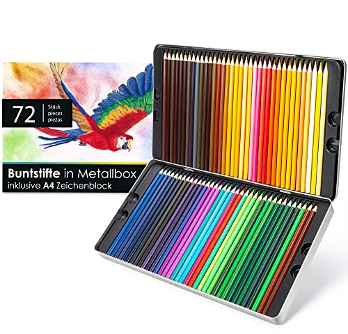 OfficeTree 72 Buntstifte Set Groß inklusive Zeichenblock A4 - Stifte Set Buntstifte für Erwachsene mit Metallbox - Zeichenstifte Professionell Set mit Bleistift & Radiergummi