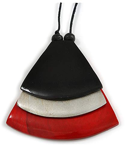 Avalaya Black/Metallic Silver/Red Geometric Triangular Wood Pendant with Long Black Cotton Cord Necklace - 9cm L Pendant/ 100cm L/ (max length) - Adjust