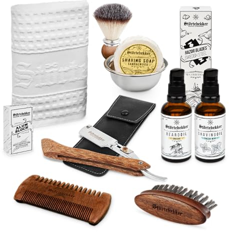 Störtebekker® Premium Rasiermesser All-in-one Set - inkl. Rasierpinsel, Rasierseife, Rasierschale, Rasieröl, Rasierklingen, Rasiertuch, Alaunstein, Bartöl, Bartkamm und Bartbürste - Geschenkidee