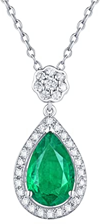 750 Goldkette Damen 18K, Halskette Gold Anhänger Träne mit Diamant und Smaragd 1.23ct Halskette mit Anhänger
