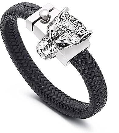 Wycian Lederarmband Wolf, Lederarmband Herren Lang Mode Wolfskopf Rostfreier Stahl für Männer Frauen