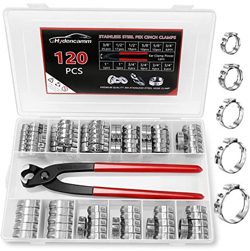 PEX-Klemmen-Set mit Zange, 120 Stück, 5 Größen, 1,27 cm, 3/4 Zoll, 3/8 Zoll, 1,5 cm, 2,5 cm, Premium 304 Edelstahl, Crimpringe, PEX-Werkzeug-Set, Sortiment für PEX-Rohrverschraubungen Hydencamm
