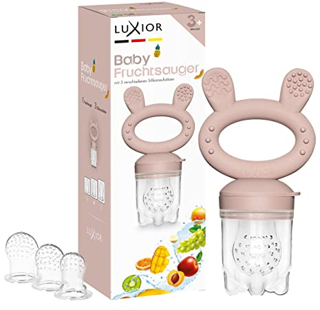 Luxior Fruchtsauger Baby Set fawn | Fruchtsauger für Baby + 3 Aufsätze | Schnuller zum Befüllen mit Obst, Gemüse, Brei & Baby Essen | Fruchtsauger Baby ab 3 Monate | BPA-freie Zahnungshilfe