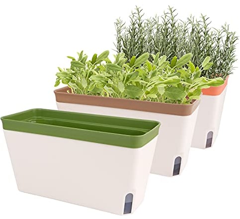 GUDELAK Set di 3 fioriere per erbe aromatiche da davanzale, 26,5 cm, auto-irrigazione, con finestra per il livello dell'acqua, moderni vasi in plastica per erbe, verdure, piante grasse