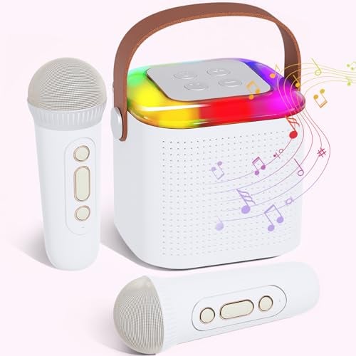 Karaoke Maschine für Kinder, Tragbarer Mini Bluetooth Karaoke Lautsprecher mit 2 kabellosen Mikrofonen und LED-Lichtern für Heimparty, Geburtstags Geschenke für Mädchen und Jungen
