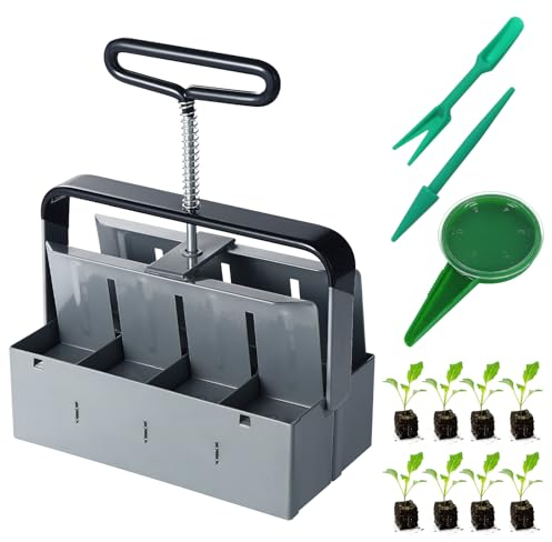 Moendergo Presse à motte manuelle,2 Bloqueur de sol avec kits d'outils de semis, kit d'outils de plantation pour la plantation, le semis, la culture, la serre de jardin(8Pcs)