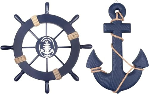 Fangoo Confezione da 2 ruote in legno da 28 cm e ancoraggio in legno da 33 cm con corda nautica timone da parete decorazione da appendere alla porta