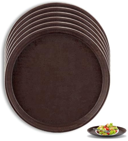 GBACHOOSE 6 Pack Round Non Slip Drinks Tray, 28 cm/11 inch Brown Restaurant Serving Trays for Parties Gatherings Bars Home