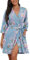 PrinStory Womens Dressing Gown Waffle Soft Kimono Robe V-Neck Short Knit Bathrobe Nightwear Sleepwear For All Seasons (Floral Print Robes Light Blue, M)