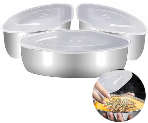 Miupoo Stainless Steel Triangular Food Steamer Box,Tray Dishes Box Tray Set With Plastic Cover,Mini Steamer Cookers Insert Pot Food Holder,3Pieces