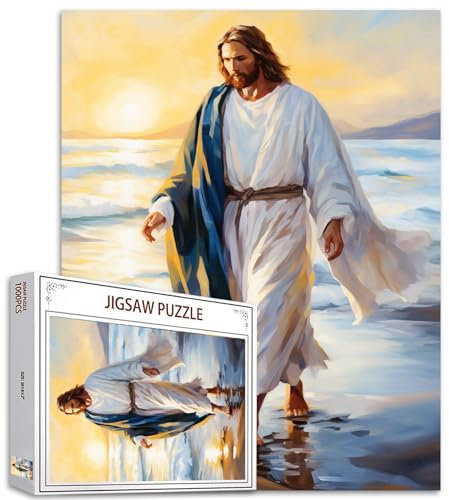 Tucocoo Jesus Walking on The Beach Jigsaw Puzzle 1000 Pieces Puzzles for Adults, Holy Faith Sunrise Art Jigsaw Puzzles for Challenging Family Activity Games Colorful DIY Puzzle for Home Decor Gifts