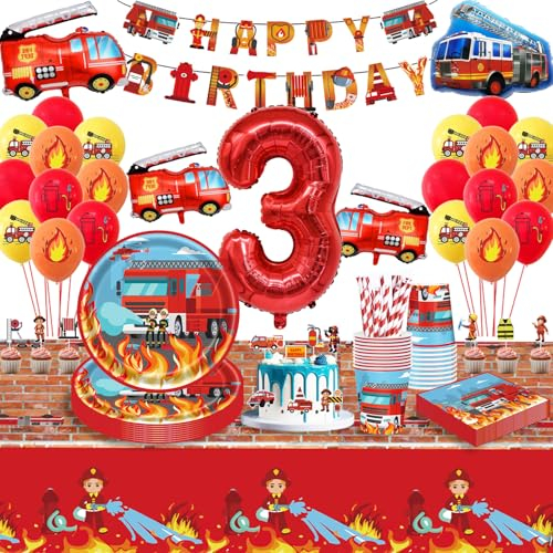 Feuerwehrauto Geburtstag Deko 3 Jahre, Feuerwehrauto Partygeschirr Kindergeburtstag 3, Feuerwehrauto Deko Kindergeburtstag 3, Luftballons Pappteller Tischdecke für Kindergeburtstag Deko, 16 Gäste
