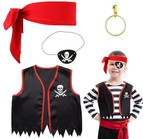 GEBETTER 4 Stück Kinder Piratenkostüm Zubehör Set Vintage Piraten Kostüm Accessoires Augenklappe Pirat Kopftuch Piraten Weste Dress Up Set für Jungen Mädchen Karneval Halloween Cosplay Piratenparty