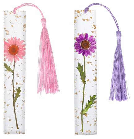 2 Stück Gepresste Blumen Lesezeichen, Getrocknete Blumen Harz Lesezeichen Personalisiert Niedlich Bookmark mit Quasten Lesezeichen Mädchen Lesen Zubehör für Schüler Lehrer Leser Geburtstagsgeschenke