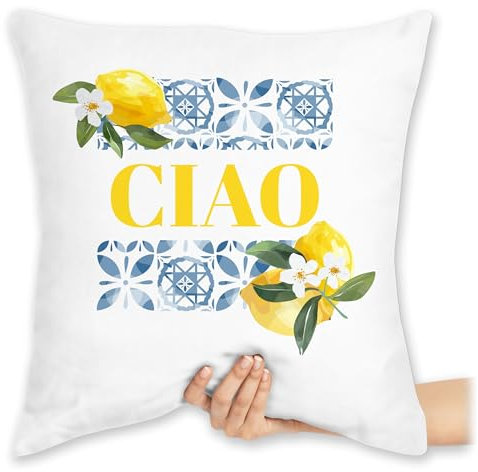 Kissen 40x40 Zierkissen - Statement - Limoncello Ciao | Urlaub Italien | Lebensgefühl | Limoncello-Fans | Urlaubsfeeling Italia - 40 x 40 cm - Weiß - gartenkissen mit Aufdruck italienisch Spruch