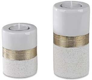 Formano 2er Set Teelicht Halter Deko Teelichtleuchte Weiss-Gold Keramik