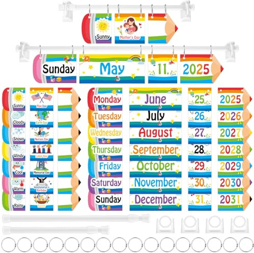 Pasimy 96-teiliges Bleistiftkalender-Set für Klassenzimmer, Pinnwand-Set, verstellbarer Klappkalender für Klassenzimmer, mit Stangenhaltern für Schulanfang, Dekorationen, Lehrer, Organisation, Schule