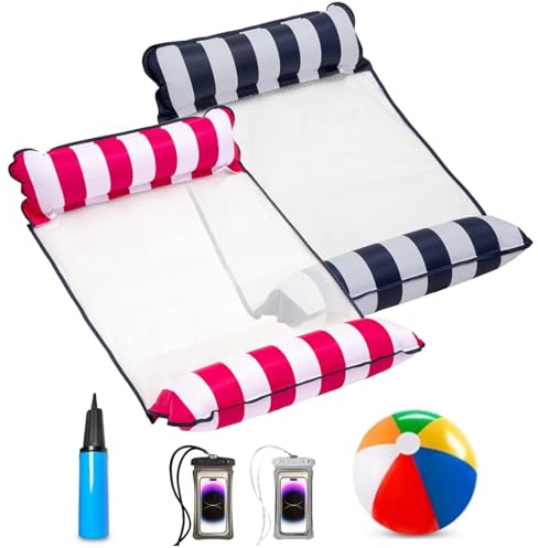 JWEX Inflatable Pool Floats, 4-in-1 Water Hammock, Saddle, Lounge Chair, Drifter Multi-Purpose Water Pool Float,Rainbow Beach Balls Non-Stick PVC Materiale for Summer Pool Parties