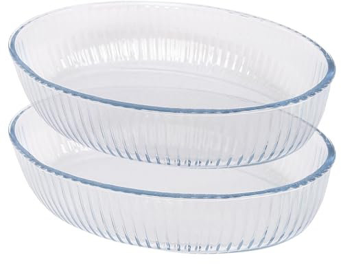 Argon Tableware Optical Oval Glass Oven Dishes - 35cm x 24cm - 2x Large Deep Baking Casserole Lasagne Roasting Roaster Cooking Tray Bowl | Microwave Safe, Freezer Safe
