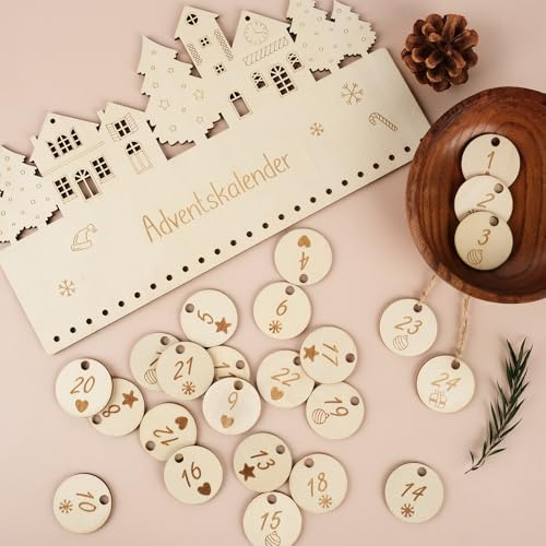 I LOVE MOM Adventskalender Zahlen Holz 1–24 mit Juteschnur – Adventskalender zum Basteln und Aufhängen – Holzanhänger für Weihnachtsdeko, DIY Weihnachtskalender und Nummerieren von Geschenkbeuteln