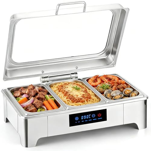 Mahlzeit Chafing Dish, 9L Edelstahl Speisewärmer mit Sichtbarem Glasdeckel | 3pcs Edelstahl Warmhaltebehälter für Feiern, Hochzeiten, Buffet und Party (3 Set 1/3+1/3+1/3 GN -Behälter)