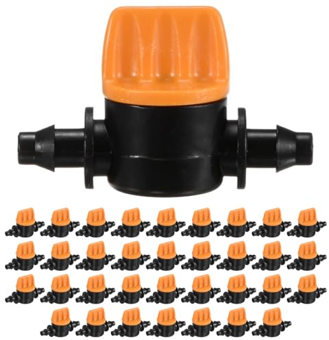 M METERXITY 35-Pack Drip Irrigation Shut Off Valves, 1/4 Inch Plastic Barbed Flow Control Valves for Drip Tubing/Garden Irrigation System/Lawn and Greenhouse Watering [Black/Orange]