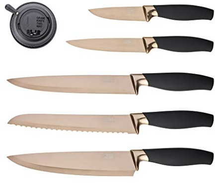 5pc Kitchen Knife Gift Set - Brooklyn Rose Gold Coloured Bolsters, Matching Razor Sharp Titanium Coated Blades. Soft Grip Handles. 2yr Peace of Mind. Extra Sharpener for Knives