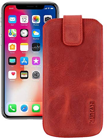 Suncase ECHT Leder Tasche für iPhone XR (6.1) mit ZUSÄTZLICHER Transparent Hülle | Schale | Silikon Bumper Handytasche (mit Rückzugsfunktion und Magnetverschluss) in antik rot