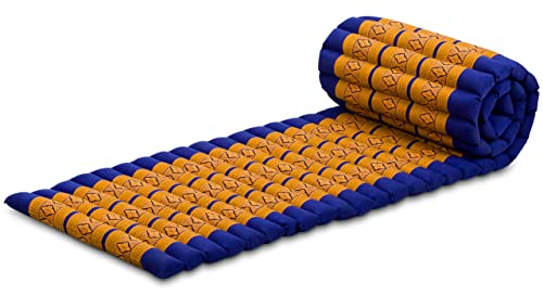livasia Rollmatte Rollmatratze S schmal - 200x50x4,5cm - Gästebett Gästematratze 1 Person mit Muster, Reisebett Kofferraum outdoor, Thaimatte Kapok für Garten Balkon handgefertigt (Blau/Gelb)