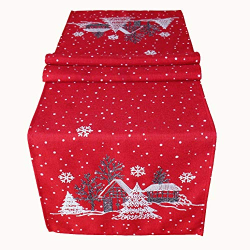 Raebel OHG Tischläufer Stickerei Winterdorf Tanne Weihnachten weiß Deko Weihnachtstischdecke (rot-weiß, 40 x 140 cm)