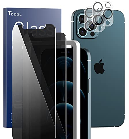 TOCOL 4 Pièces Compatible avec iPhone 12 Pro Max 6.7 Pouces, 2 Pièces Verre Trempé Anti-Espion et 2 Pièces Caméra Arrière Protecteur Dureté 9H sans Bulles Facile à Installer Protection écran