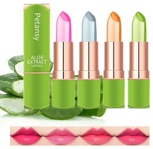 Petansy Lippenstift, Aloe Vera, 4 Farben, langanhaltend, feuchtigkeitsspendend, magischer Lippenbalsam, Farbwechsel, Lippenpflege