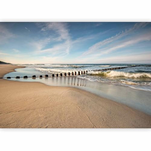 murando Photo Wallpaper Sea Beach 147x105 cm / 57.9 x 41.3 Peel and Stick Self-Adhesive Foil Print Wall Mural Sand Sky Blue Beige Wood Clouds Waves Tropical Landscape c-B-0370-a-a
