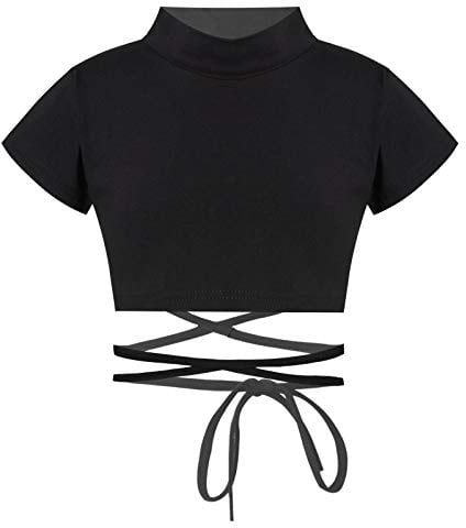 CHICTRY Mädchen Tops T-Shirt Crop Top Bauchfrei Oberteile Ballettkleidung mit Schnür Gymnastikanzug Tanz Top Sport Yoga Kleidung Gr. 98-164 Schwarz 134-140