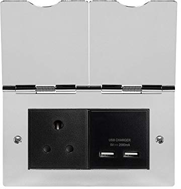 Soho Lighting Polished Chrome Screwless Double Floor Outlet 5Amp Plug Socket & USB Charger - Black Insert - Ideal for Homes, Offices, Hotels