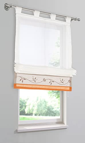 Devola Voile Raffrollo transparent Raffgardinen mit Schlaufen Blumenmuster Stickerei Fenstergardinen Faltvorhang Modern Rollo Küchengardine Tür Vorhänge BxH 140x155cm Orange 1er Pack