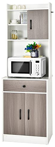 GOPLUS Meuble de Rangement avec Stockage à Plusieurs Niveaux avec Trous de Cable, Buffet Placard Haut avec Étagère Réglable, pour Salon, Cuisine,60 x 40 x 180cm (Blanc)